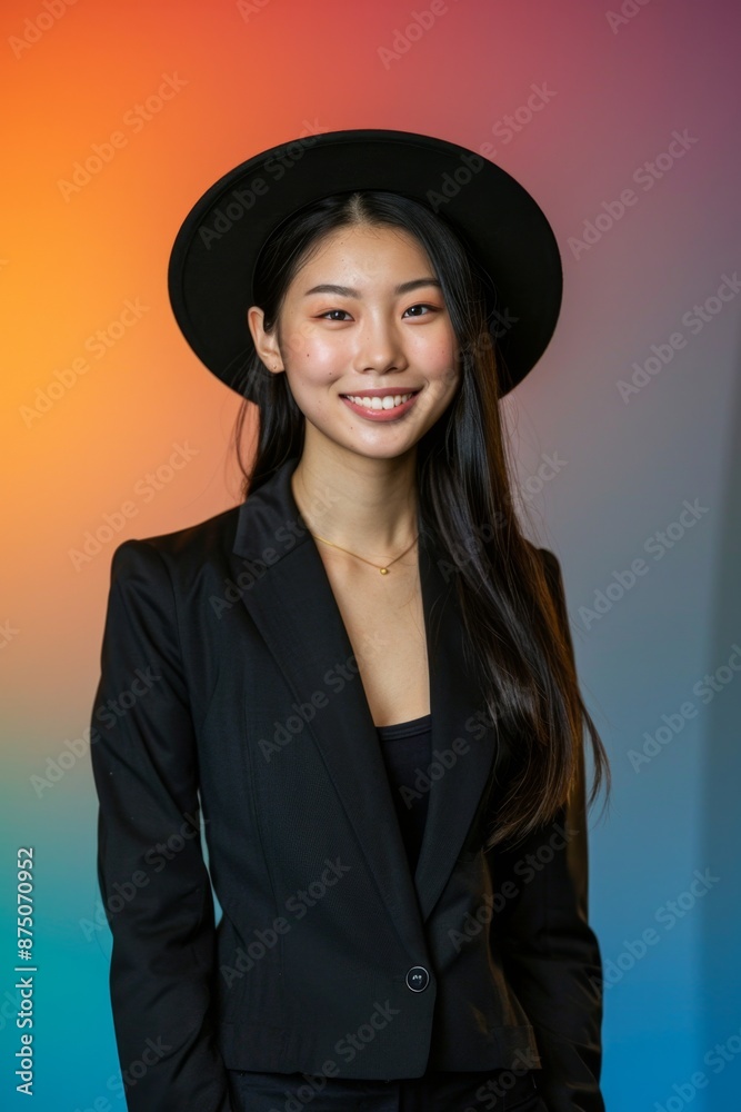 A beautiful young Asian woman with long black hair wearing a stylish black suit jacket and a black fedora, smiles confidently at the camera against a vibrant orange and blue gradient background. A beautiful young Asian woman with long black hair wearing a stylish black suit jacket and a black fedora, smiles confidently at the camera against a vibrant orange and blue gradient background.