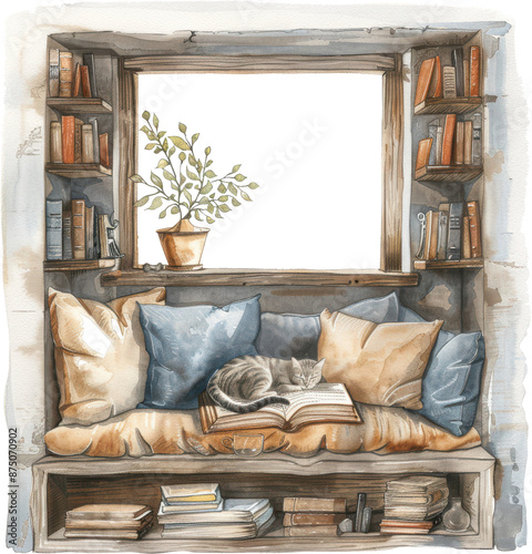 Cozy reading room setting on white background