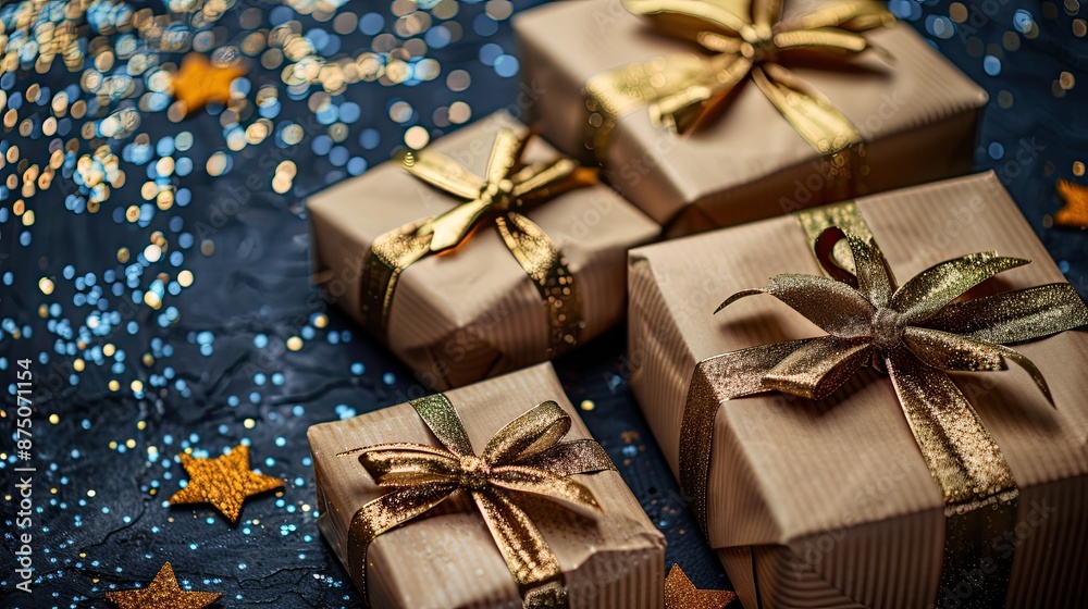 gifts with golden bows and ribbons placed on background stars with copy space gifts with golden bows and ribbons placed on background stars with copy space
