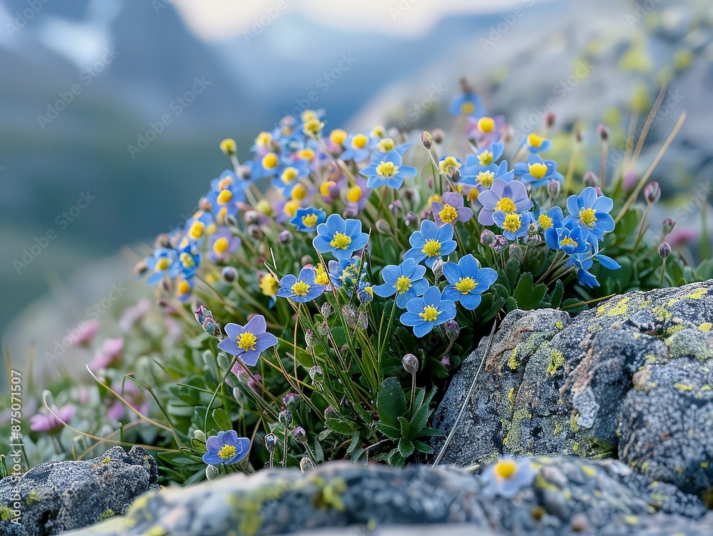 Obraz premium Delicate alpine flowers like alpine forget-me-nots and mountain avens blooming in rocky, high-altitude environments, adapted to harsh mountain conditions.