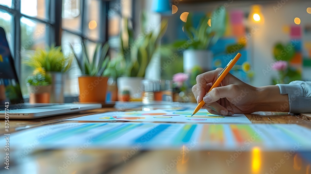 Fototapeta premium Creative workspace: hand drawing on colorful charts, surrounded by potted plants and natural light
