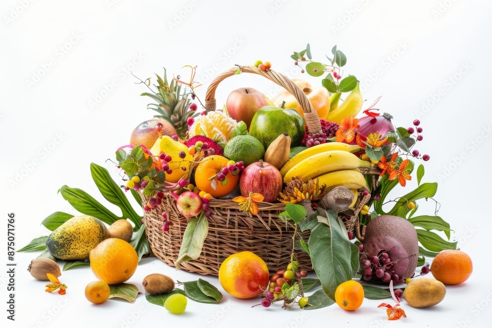 A colorful arrangement of fresh tropical fruits and vegetables in a woven basket, surrounded by lush green leaves. Perfect for a healthy and refreshing snack or as a decorative centerpiece. A colorful arrangement of fresh tropical fruits and vegetables in a woven basket, surrounded by lush green leaves. Perfect for a healthy and refreshing snack or as a decorative centerpiece.