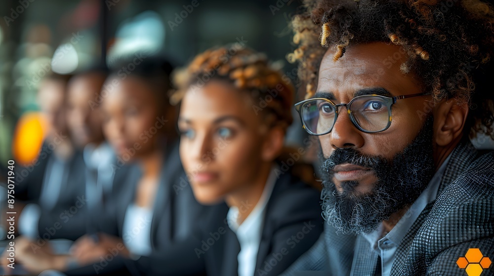 Diverse business team focused on meeting, planning strategies in modern office Diverse business team focused on meeting, planning strategies in modern office