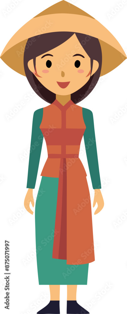 Cartoon Woman in Traditional Clothing with Conical Hat Cartoon Woman in Traditional Clothing with Conical Hat