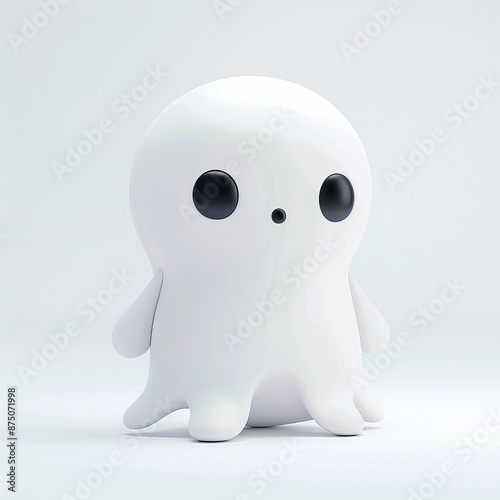 White cartoon ghost with large eyes standing on a white background