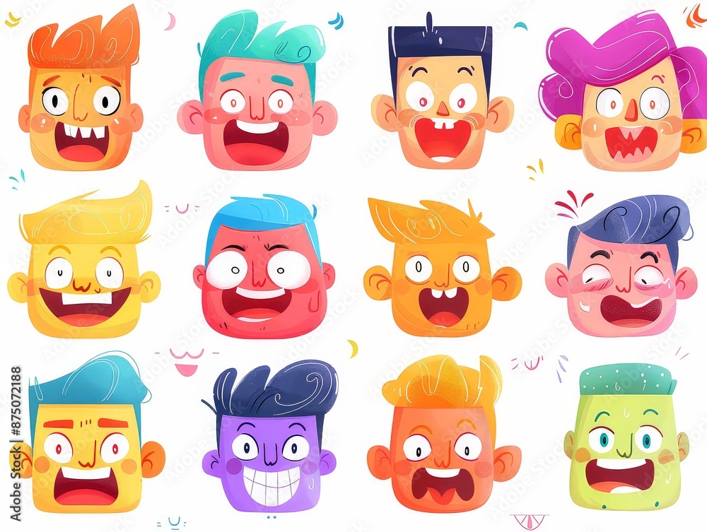 Colorful illustrations of diverse faces displaying different emotions like joy, sorrow, fear, and excitement, suitable for psychology resources and emotional intelligence training. Colorful illustrations of diverse faces displaying different emotions like joy, sorrow, fear, and excitement, suitable for psychology resources and emotional intelligence training.