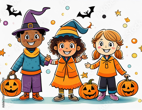 Spooky Halloween Kids Illustration: Trick-or-Treat Fun with Costumes and Candy