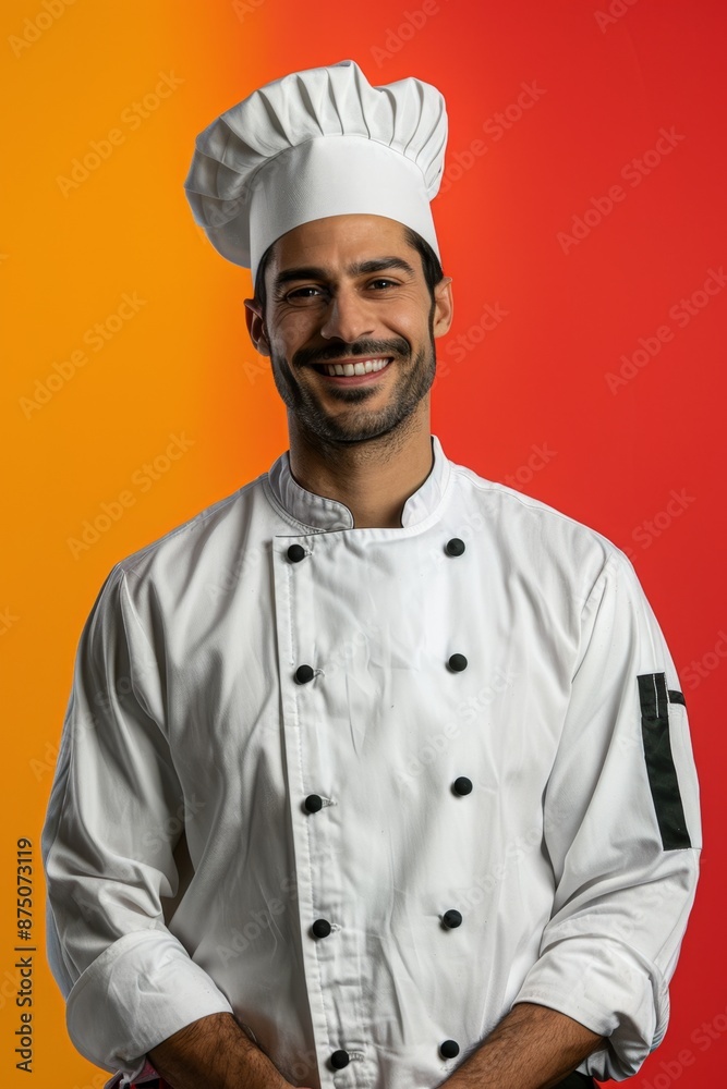 A portrait of a happy chef smiling warmly in his white chef's uniform against a vibrant orange and red background. A portrait of a happy chef smiling warmly in his white chef's uniform against a vibrant orange and red background.