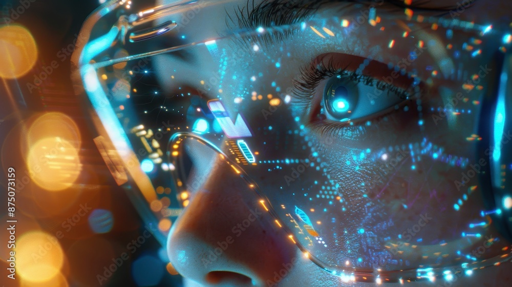 Close-up of a person wearing futuristic augmented reality glasses, showcasing advanced digital interface technology and immersive experience. Close-up of a person wearing futuristic augmented reality glasses, showcasing advanced digital interface technology and immersive experience.
