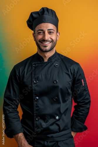 A handsome male chef with a charming smile stands proudly, wearing a classic black chef's uniform, radiating confidence and culinary expertise. © Lem