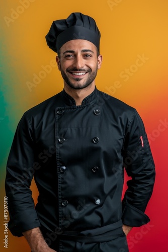 A handsome male chef with a charming smile stands proudly, wearing a classic black chef's uniform, radiating confidence and culinary expertise.