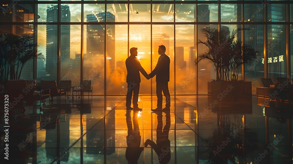 Two businessmen shaking hands in a modern office building with a cityscape backdrop during sunset. Two businessmen shaking hands in a modern office building with a cityscape backdrop during sunset.