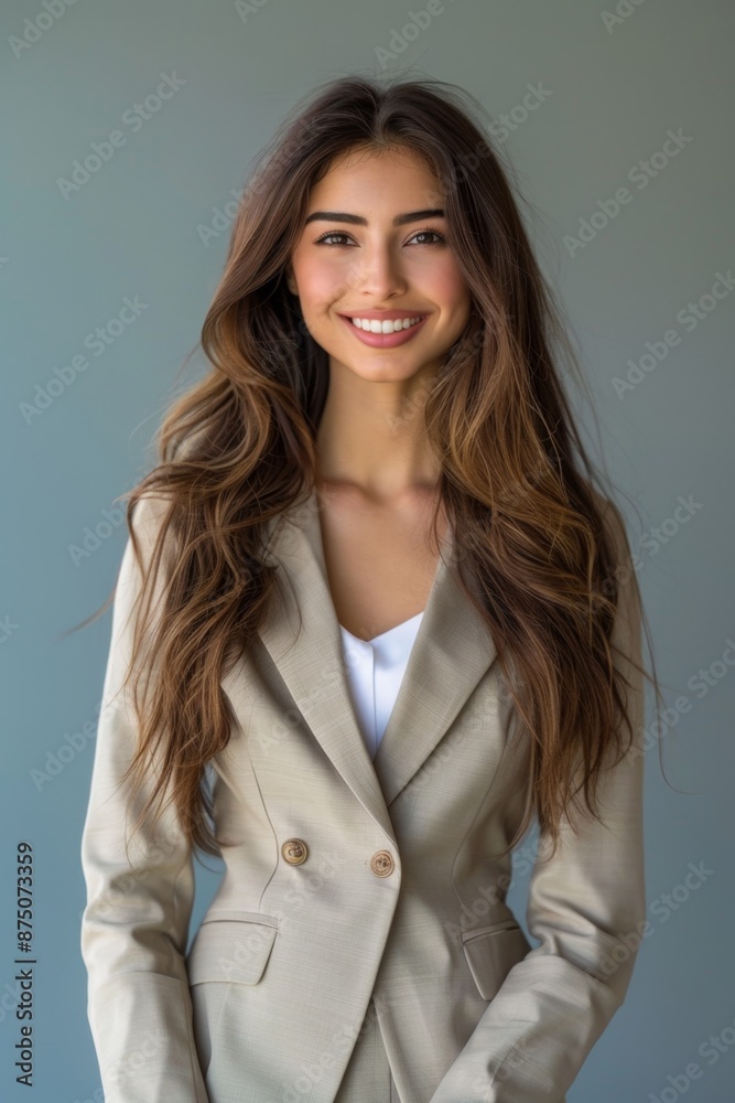 A beautiful businesswoman with long brown hair smiles confidently while wearing a beige blazer and white shirt. A beautiful businesswoman with long brown hair smiles confidently while wearing a beige blazer and white shirt.