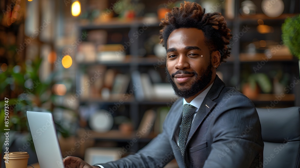 Fototapeta premium Confident young professional in a modern office space, working on a laptop with a friendly smile.