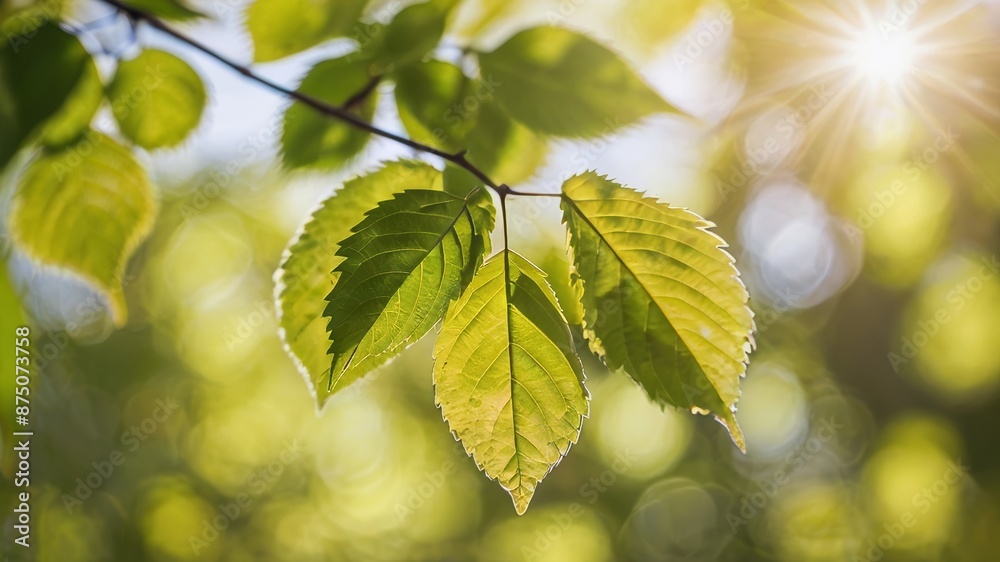 Green leaves on a bokeh background of green leaves and sun rays Green leaves on a bokeh background of green leaves and sun rays