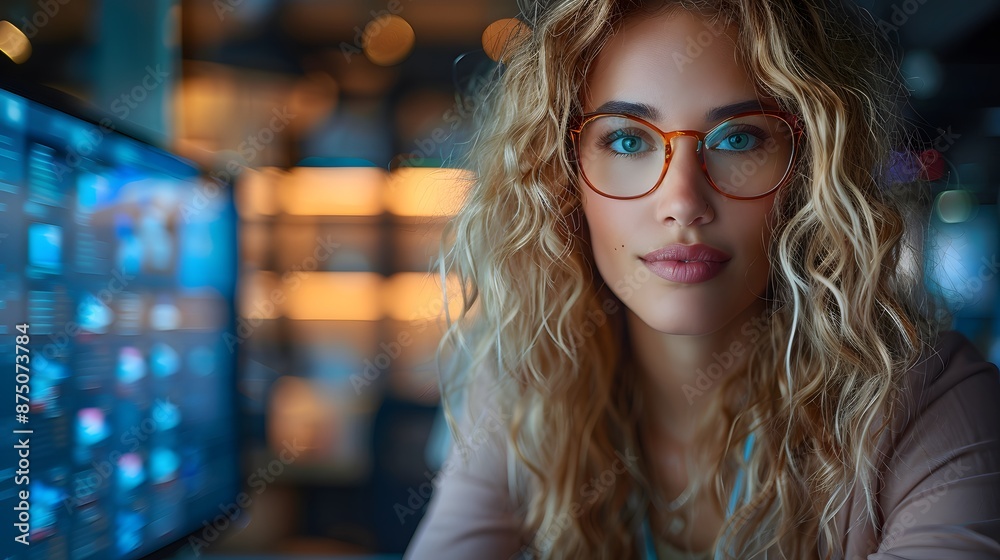 Young professional woman with glasses working late in a modern office, focused on computer screens. Young professional woman with glasses working late in a modern office, focused on computer screens.