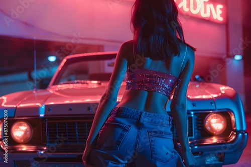 A young woman with a glittery crop top and wide-leg jeans, standing in front of a vintage car with neon underglow photo