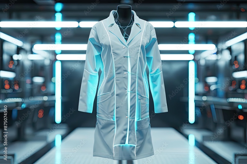 Futuristic white lab coat displayed in a high-tech laboratory setting, emphasizing advanced scientific research and innovation. Futuristic white lab coat displayed in a high-tech laboratory setting, emphasizing advanced scientific research and innovation.