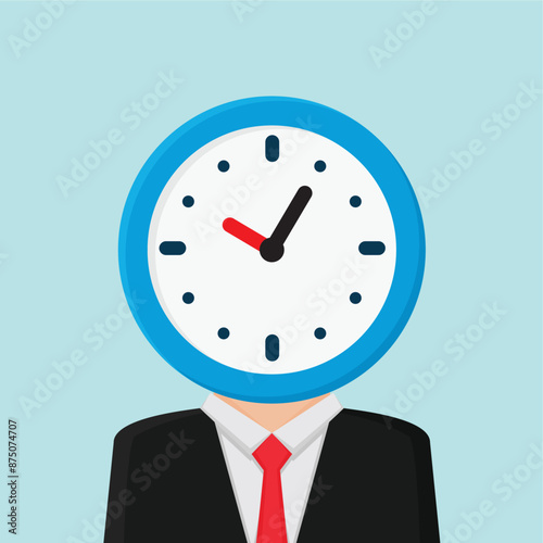 a businessman with a clock on his head, time management concept illustration. Flat style vector illustration
