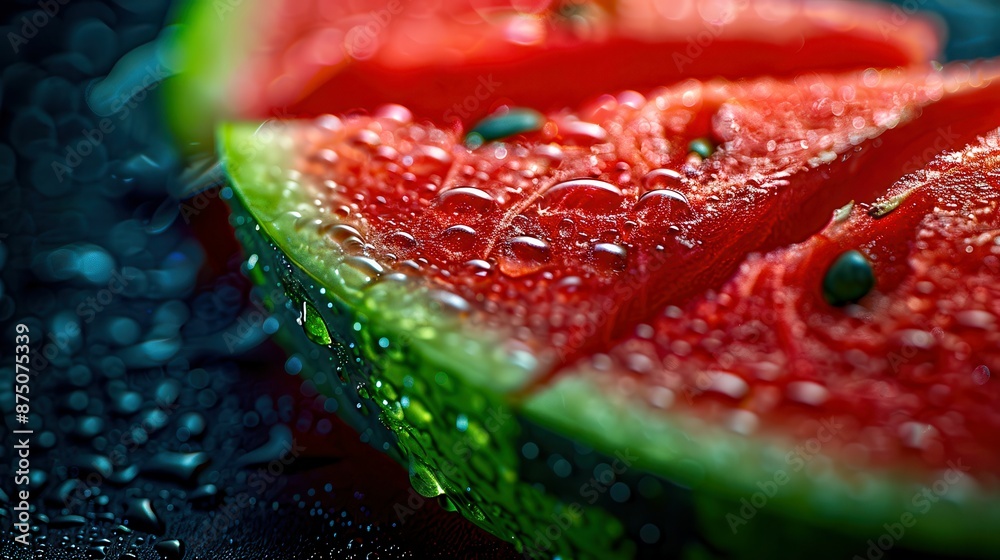 Close-up of a slice of watermelon with water droplets, dark background, refreshing look Close-up of a slice of watermelon with water droplets, dark background, refreshing look