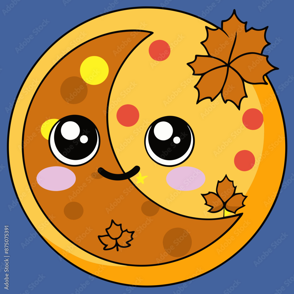 Obraz premium Cute Cartoon Crescent Moon With Autumn Leaves Illustration, A cartoon crescent moon with large, expressive eyes smiles and has blush on its cheeks. The moon is yellow and brown.