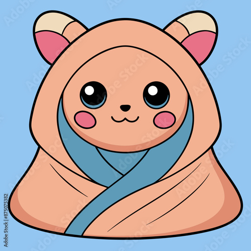 Cute Cartoon Animal Wrapped in a Pink Blanket With Blue Trim, A cartoon animal with big eyes and a sweet smile is wrapped in a pink blanket with blue trim.