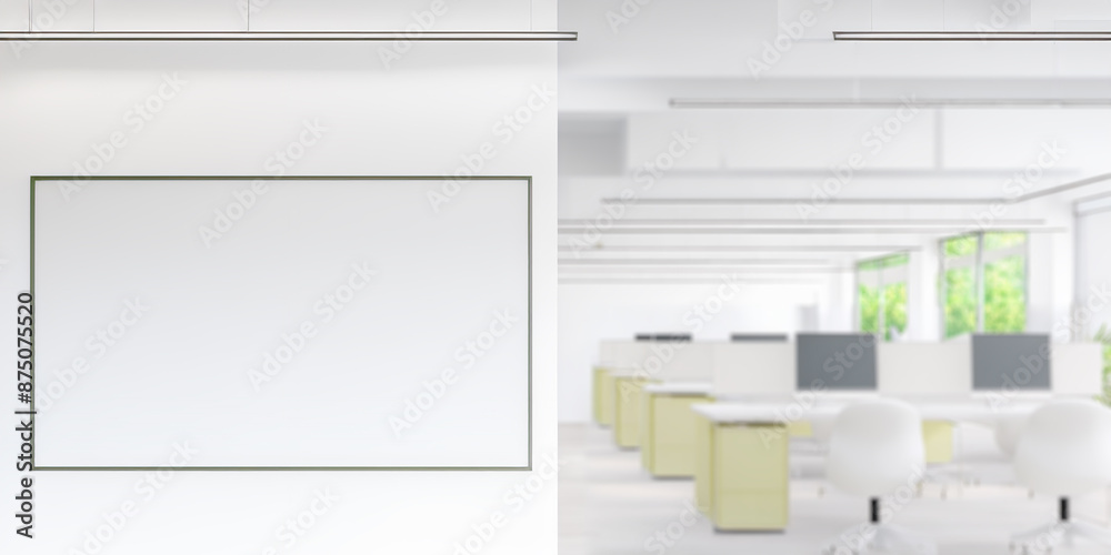 Blurred office open space with flip chart, office furniture, tables and chairs, high windows. Abstract office interior. No people. Picture for business presentations Blurred office open space with flip chart, office furniture, tables and chairs, high windows. Abstract office interior. No people. Picture for business presentations