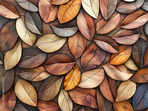 Abstract design with wooden wall panels shaped like leaves, featuring natural elements in different shades and colors.