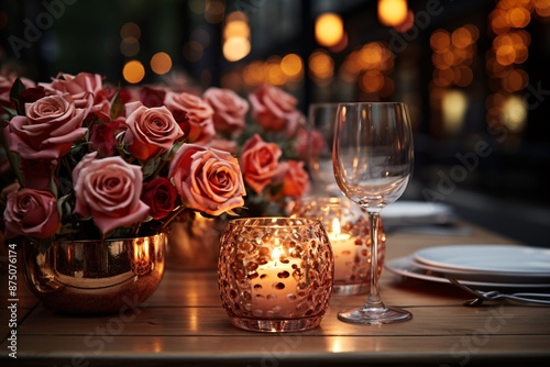 Elegant outdoor dining table setting featuring roses, candles, and a wine glass at dusk.