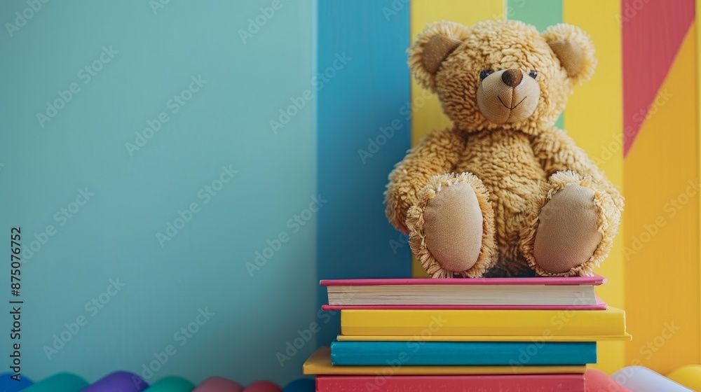 Colorful Stack of Children's Books with Bear Toy Colorful Stack of Children's Books with Bear Toy
