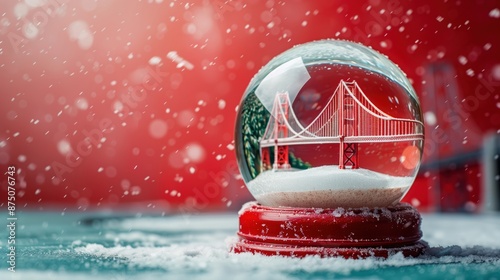 Golden Gate Bridge in a Festive Snow Globe : The Golden Gate Bridge inside a snow globe with a red holiday-themed background