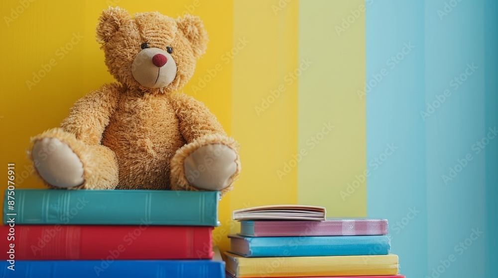 Colorful Stack of Children's Books with Bear Toy Colorful Stack of Children's Books with Bear Toy
