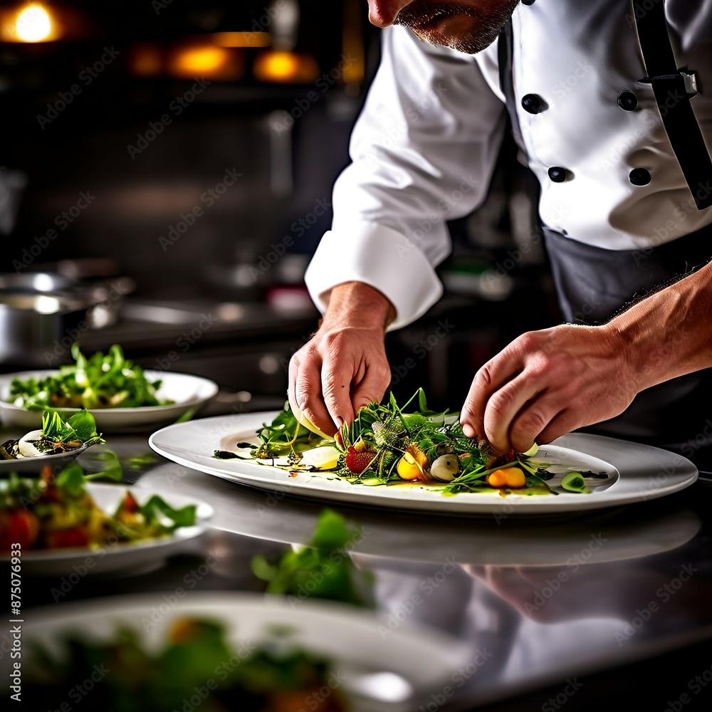 A close-up of a professional chef plating a gourmet dish in a restaurant kitchen. A close-up of a professional chef plating a gourmet dish in a restaurant kitchen.