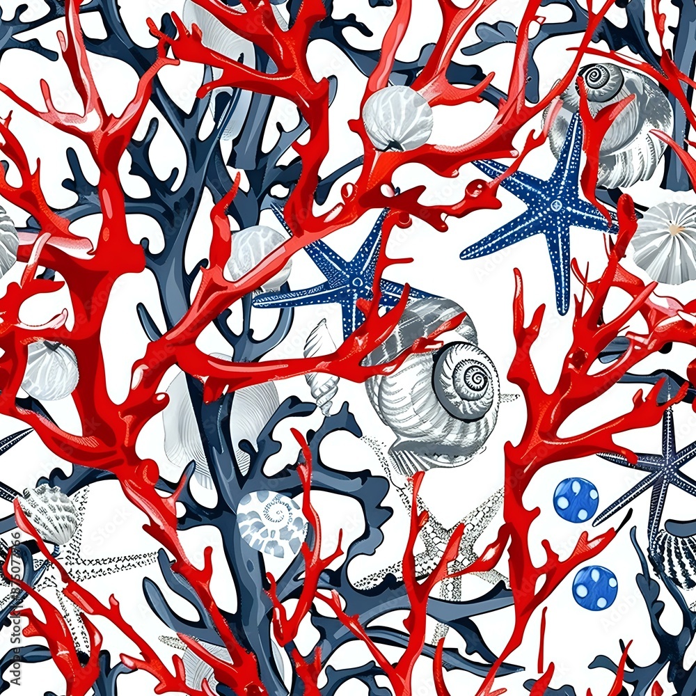 Obraz premium Painterly Nautical Pattern with Red Coral, Starfish, and Seashells