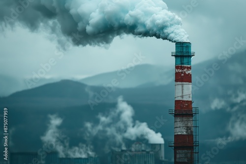 A tall industrial smokestack emitting thick smoke, set against a background of mountains and overcast skies, highlighting environmental impact.
