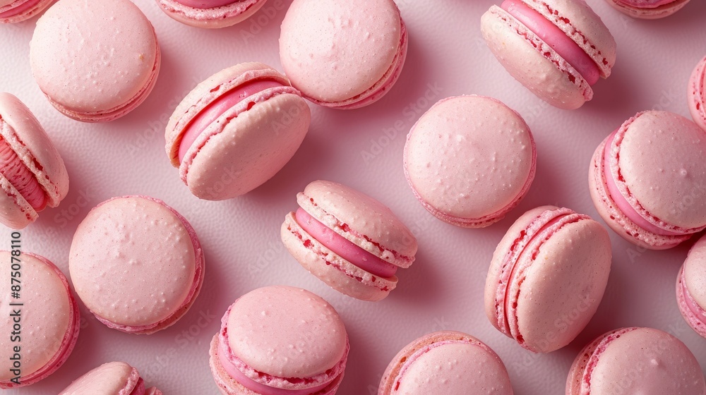 Obraz premium Strawberry macaroons on color background,parisian chic cafe dessert, sweet food and cake macaron for luxury confectionery brand,Pastry, bakery and branding concept.
