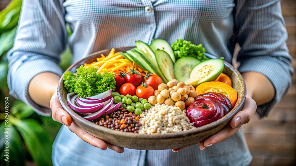 A woman holds a vegetarian plate of food. She promotes healthy eating. A woman holds a vegetarian plate of food. She promotes healthy eating.