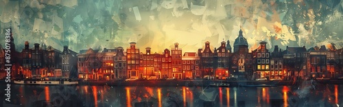 Retro image of Prinsengracht Canal, Amsterdam, The Netherlands. Paper texture. AI generated illustration