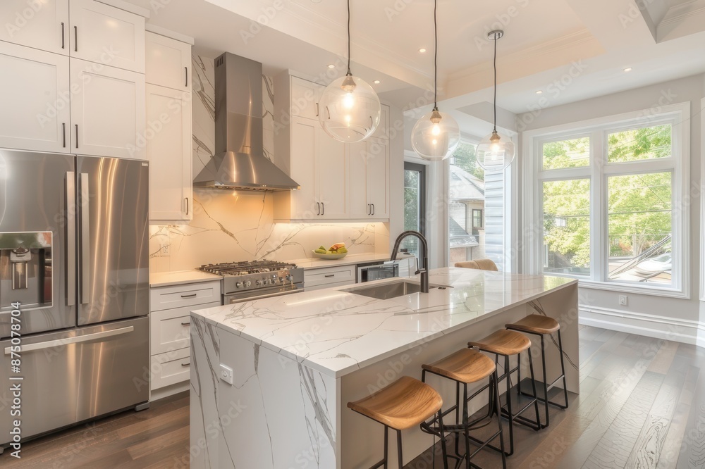 A contemporary kitchen with marble countertops