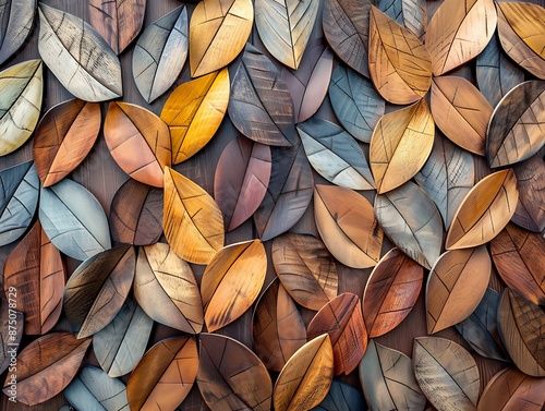 Abstract design with wooden wall panels shaped like leaves, featuring natural elements in different shades and colors.