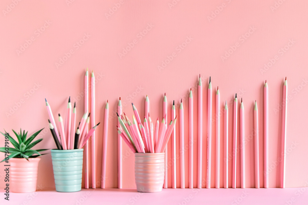 Creative office and school equipment in pastel pink color, with a collection of graffiti pencils leaning on the wall. Back to school and back to office concept with a minimal aesthetic. Creative office and school equipment in pastel pink color, with a collection of graffiti pencils leaning on the wall. Back to school and back to office concept with a minimal aesthetic.
