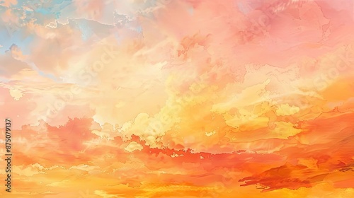 Beautiful watercolor painting of a vibrant sunset sky with shades of orange, pink, and yellow, evoking a serene and warm atmosphere.