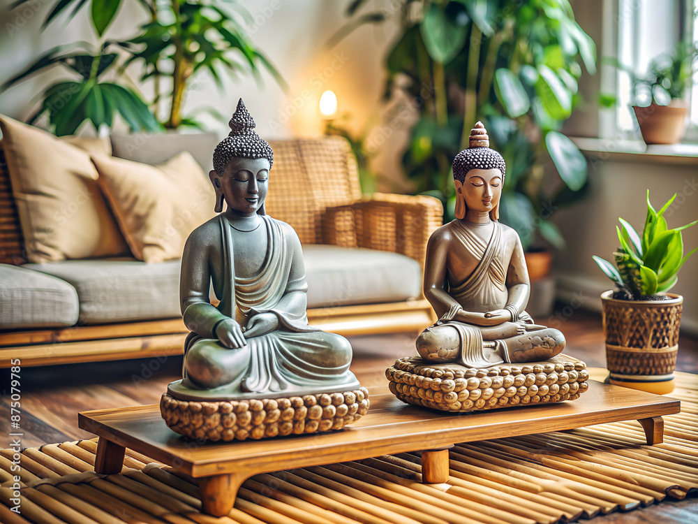 Buddha statues are placed on a bamboo coffee table, creating a harmonious contrast with the bohemian interior of the living room. Buddha statues are placed on a bamboo coffee table, creating a harmonious contrast with the bohemian interior of the living room.