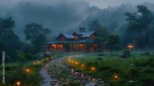 The atmosphere of an old house in a rainy village
