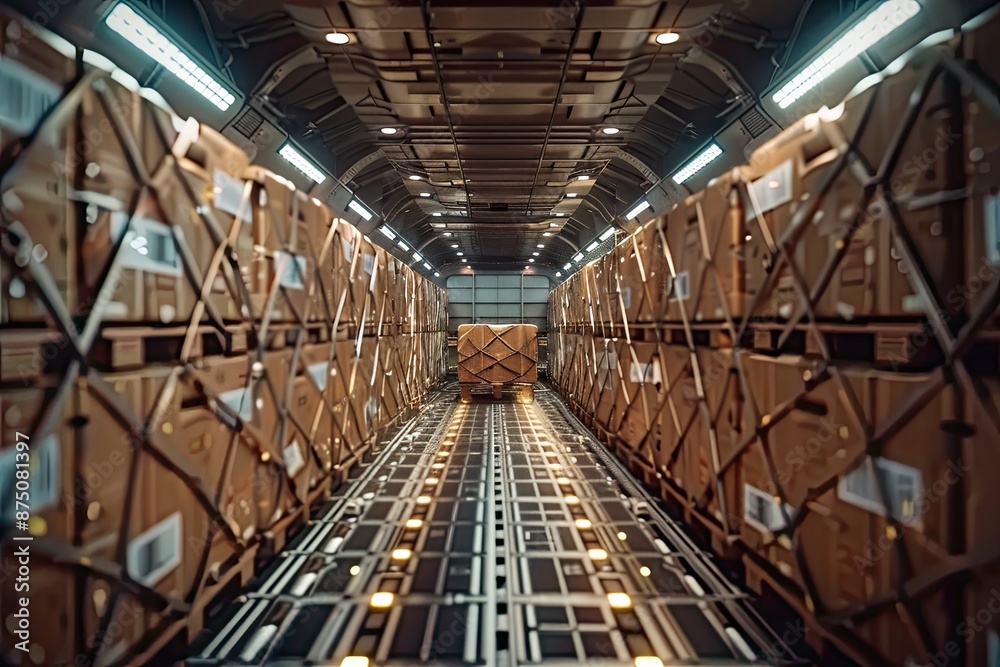 a cargo plane with boxes stacked on the floor a cargo plane with boxes stacked on the floor