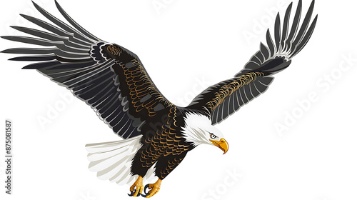 A majestic bald eagle soars through the sky, its powerful wings outstretched.
