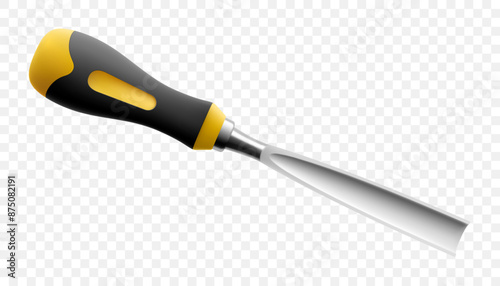 Chisel, carpentry hand tools for woodworking and wood carving. Stand for working with wood. Chisel with wooden handle isolated on transparent background. Realistic 3d Vector illustration.