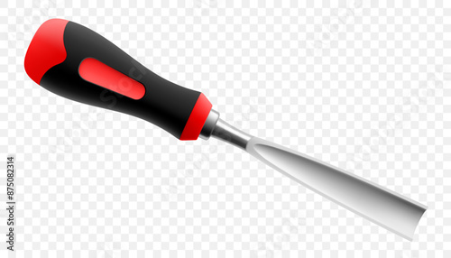 Chisel, carpentry hand tools for woodworking and wood carving. Stand for working with wood. Chisel with wooden handle isolated on transparent background. Realistic 3d Vector illustration.