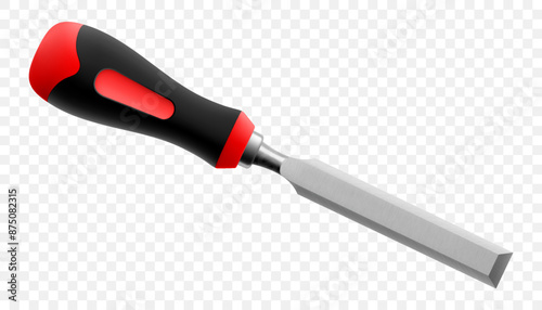Chisel, carpentry hand tools for woodworking and wood carving. Stand for working with wood. Chisel with wooden handle isolated on transparent background. Realistic 3d Vector illustration.