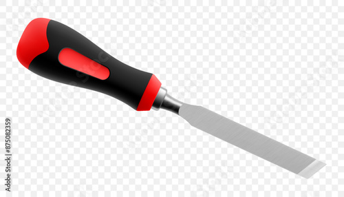 Chisel, carpentry hand tools for woodworking and wood carving. Stand for working with wood. Chisel with wooden handle isolated on transparent background. Realistic 3d Vector illustration.